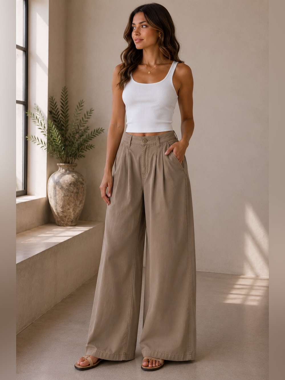 Reformation Lowe Super Wide Leg Pleated Pants Size 30 Khaki Organic Cotton